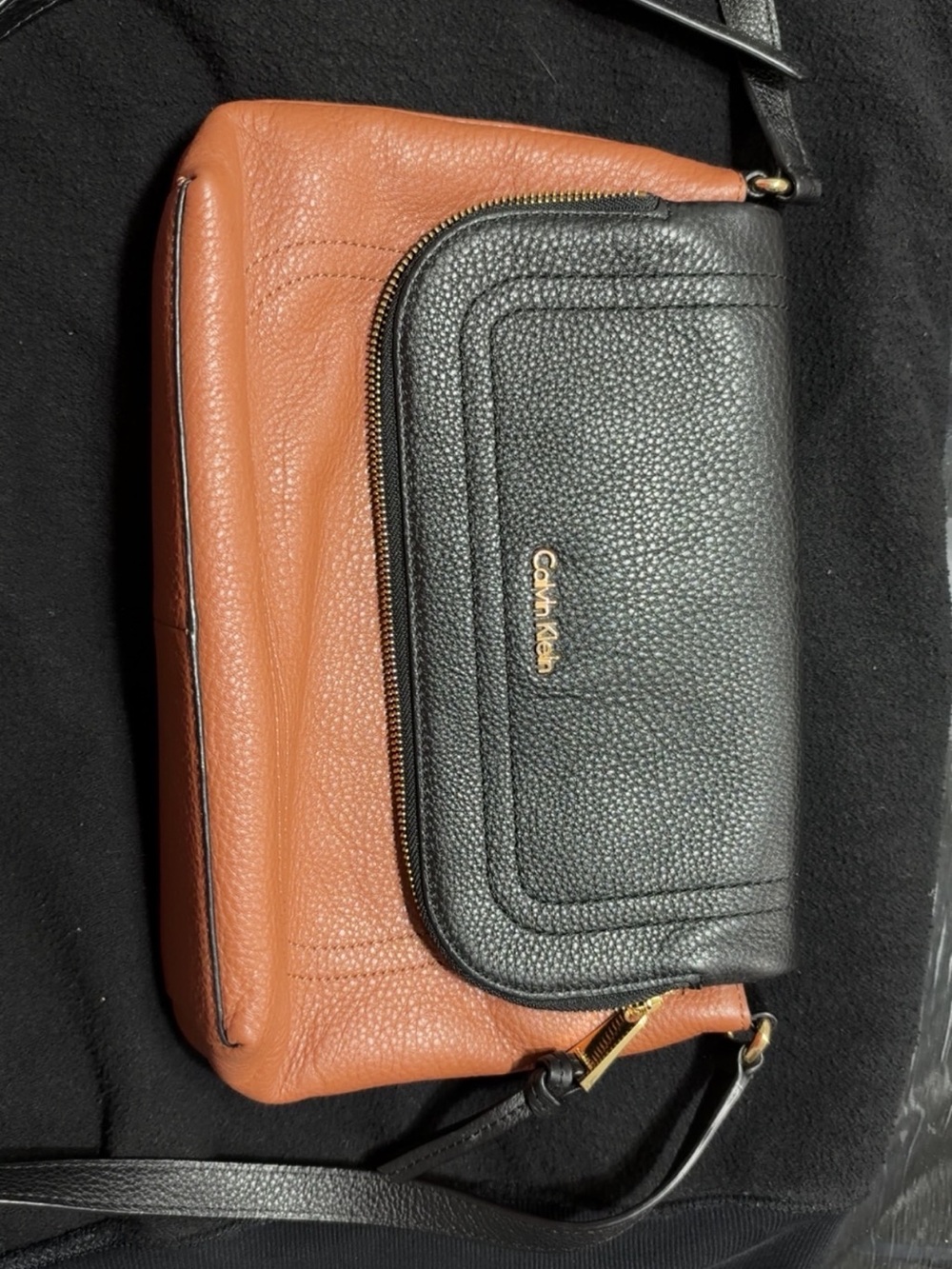 Calvin Klein Black and Brown Pebbled Leather Crossbody Bag